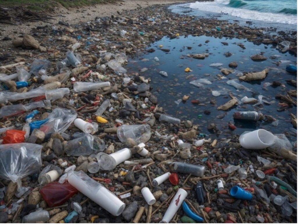 Shore littered with trash and pollution