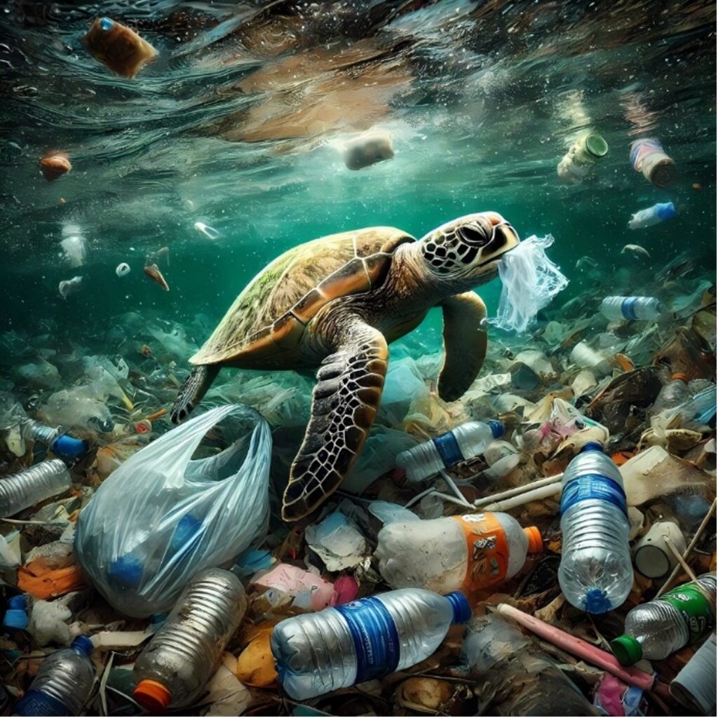 Sea turtle ingesting a plastic bag floating above more bottles and trash