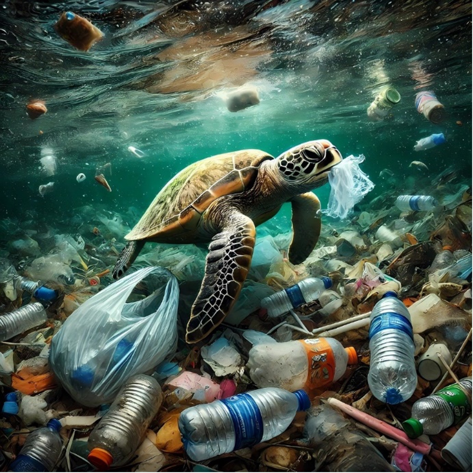 Turtle eating bag over plastic bottles in sea