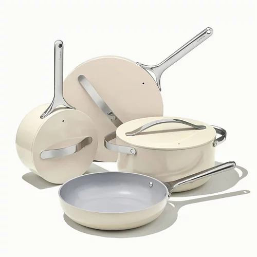 A set of Caraway ceramic pans that do not contain PFAS.