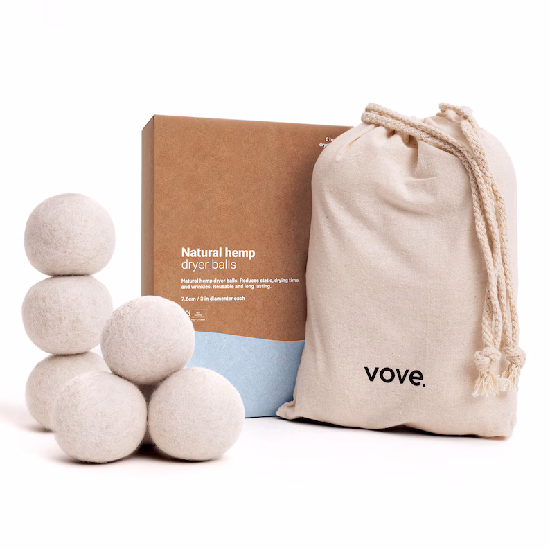 Picture of Vove hemp dryer balls in a recyclable package. 