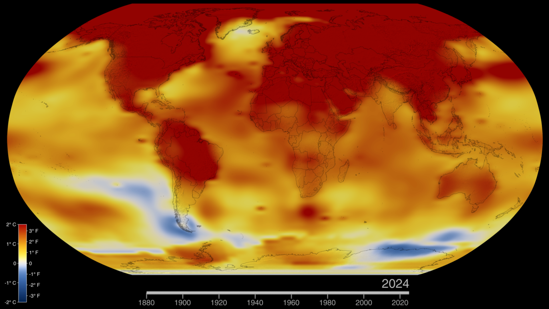 This map of Earth in 2024 shows global surface temperature anomalies, or how much warmer or cooler each region of the planet was compared to the average from 1951 to 1980. Normal temperatures are shown in white, higher-than-normal temperatures in red and orange, and lower-than-normal temperatures in blue. An animated version of this map shows global temperature anomalies changing over time, dating back to 1880