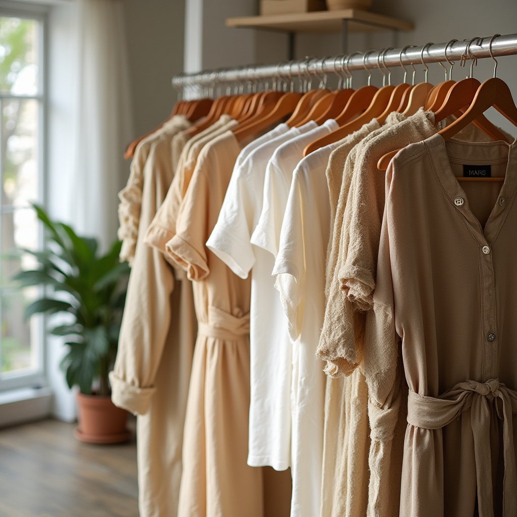 A rack of shirts and dresses in being and white made of organic cotton