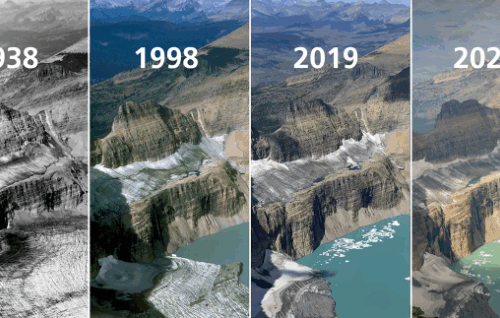 Grinnell Glacier ice loss from 1938, where there was a lot of ice to 2021, when there is mostly water.