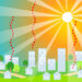 An illustration of the Urban Heat Island effect. It shows tall buildings and homes with wavy red lines coming up from them, representing heat. If also shows a very hot sun.