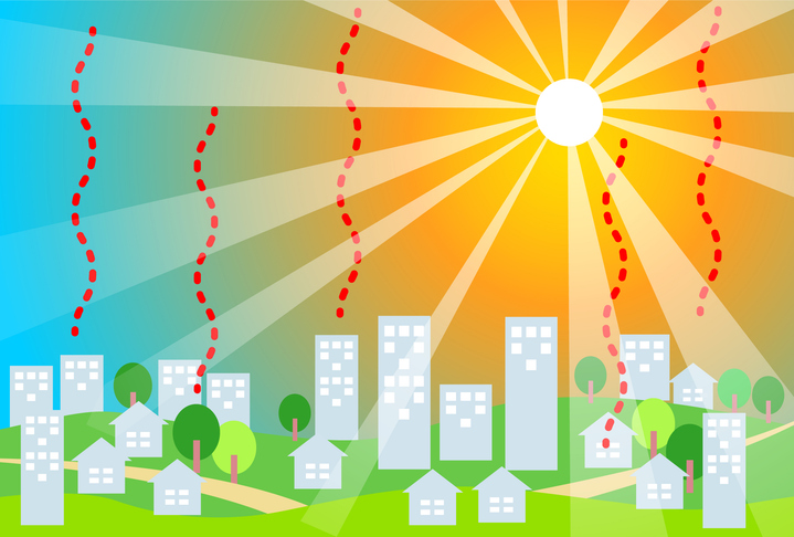 An illustration of the Urban Heat Island effect. It shows tall buildings and homes with wavy red lines coming up from them, representing heat. If also shows a very hot sun.
