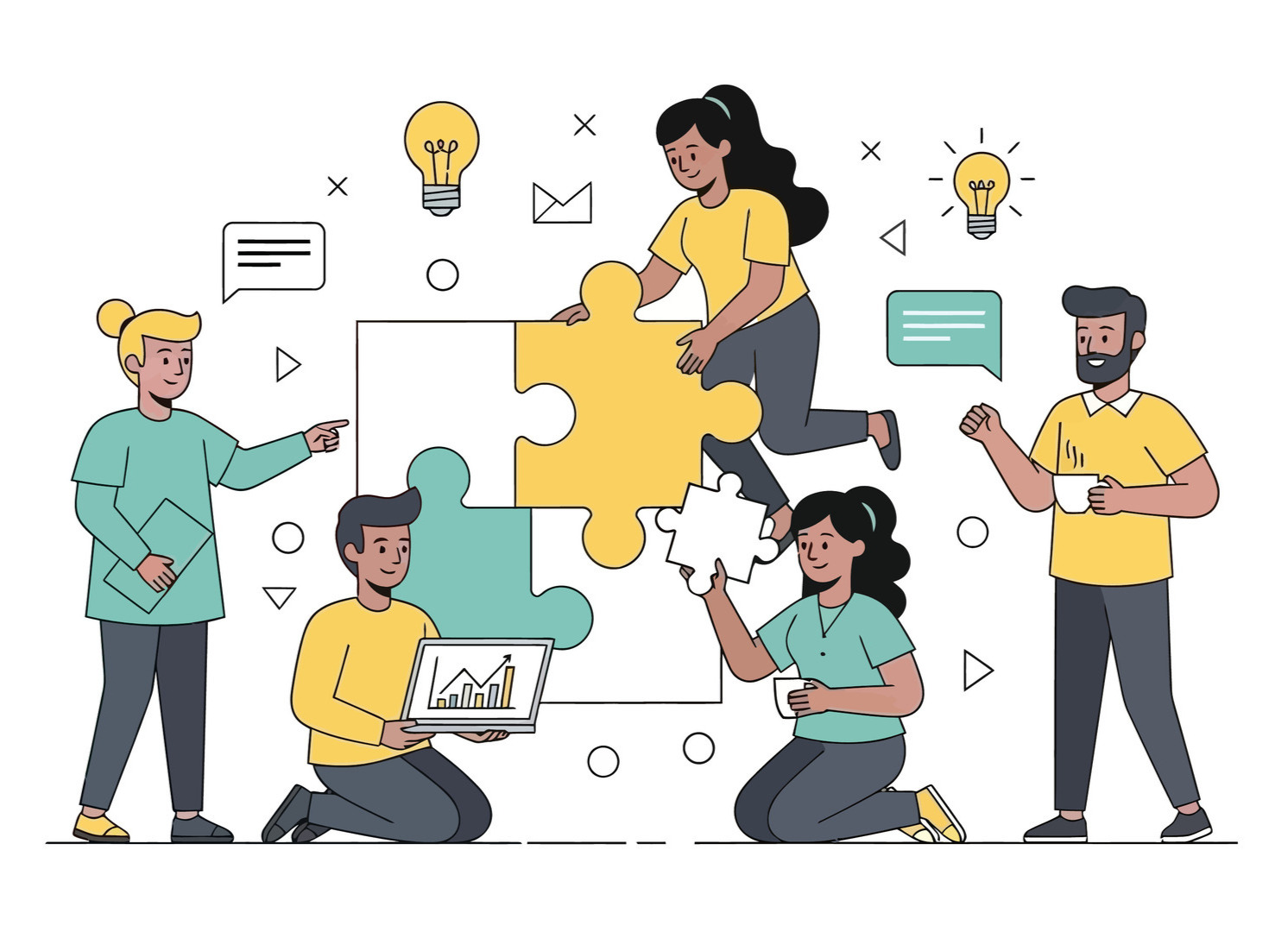 Image of 5 people working together to put together a giant puzzle.