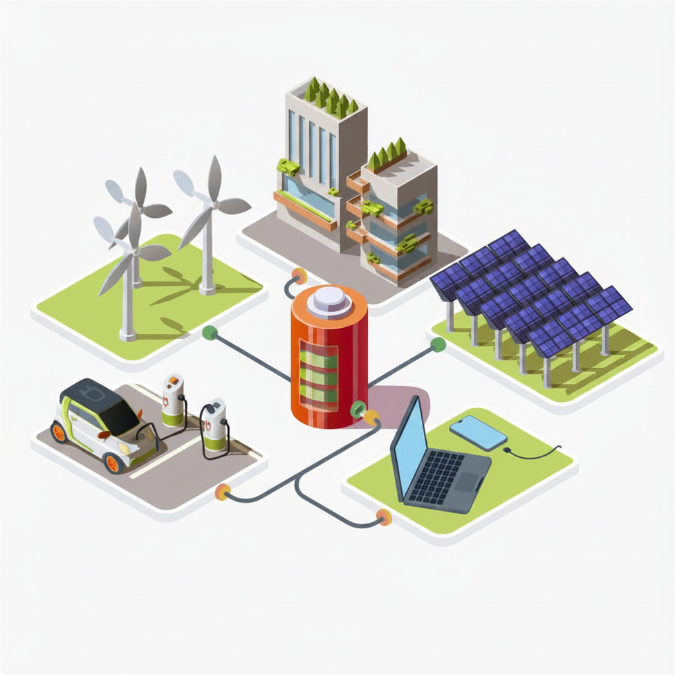 An example of a virtual power plant connecting electric cars, home batteries, and buildings with solar panels to the electric grid (in this case it shows connecting to a giant battery).