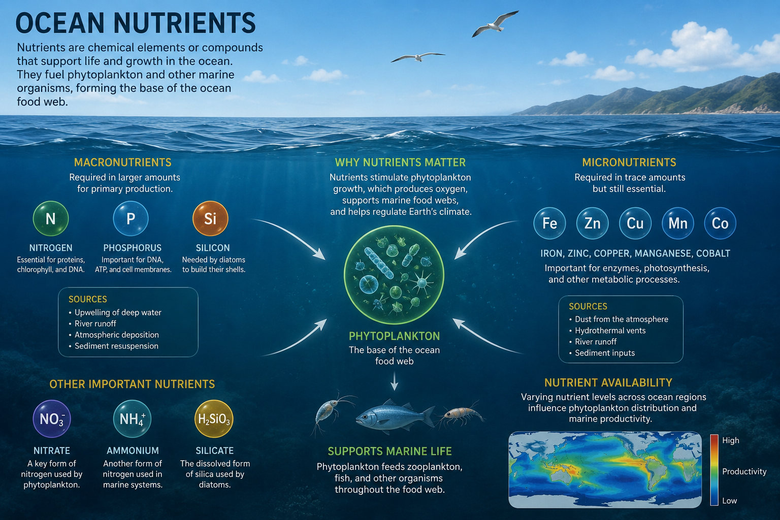 A diagram of ocean nutrients that the AMOC helps bring to the surface. There are chemical elements or compounds that support life and growth in the ocean. The fuel phytoplankton, forming the basis of the ocean food web. These include macronutrients, nitrogen, phosphorous, and silicon plus micronutrients such as iron, zinc, copper, manganese, and cobalt. 