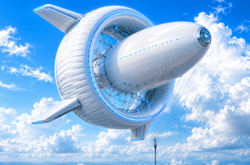 A photo of a blimp-like object in the sky with a turbine around it (it almost looks like an airplane engine), attached to a wire.
