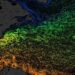 Visualization of ocean currents (looks like colorful swirls) in the North Atlantic. The colors show sea surface temperature (orange and yellow are warmer, green and blue are colder).