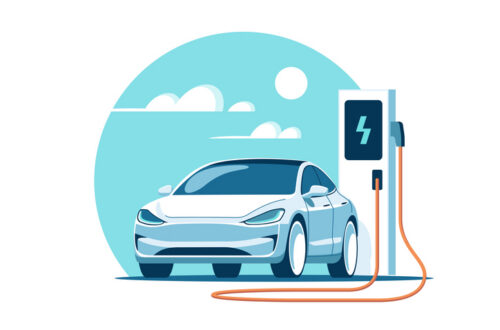 An illustration of an electric car that is hooked up to a charger at a charging station.