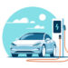 An illustration of an electric car that is hooked up to a charger at a charging station.