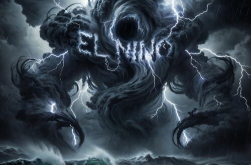 A massive brewing storm monster representing El Nino, swirling with dark clouds and heavy rain.