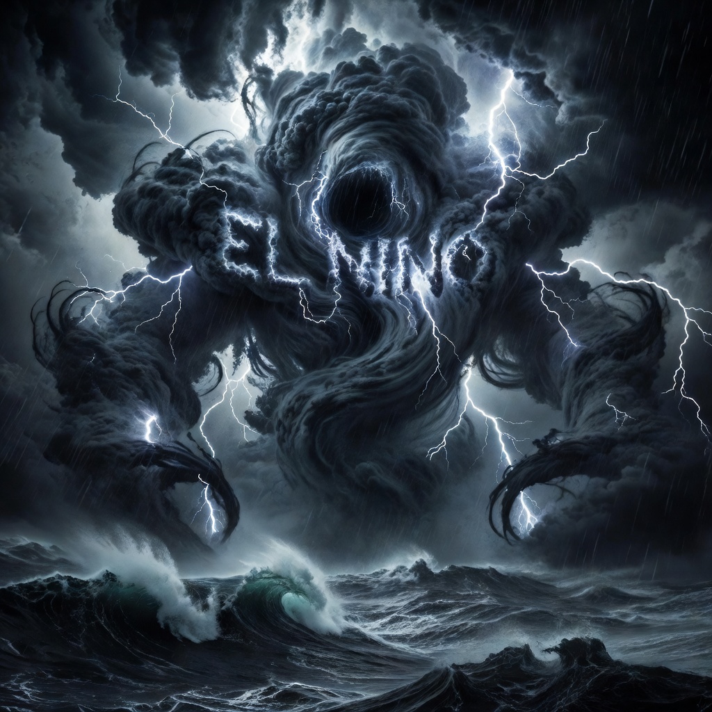 A massive brewing storm monster representing El Nino, swirling with dark clouds and heavy rain.
