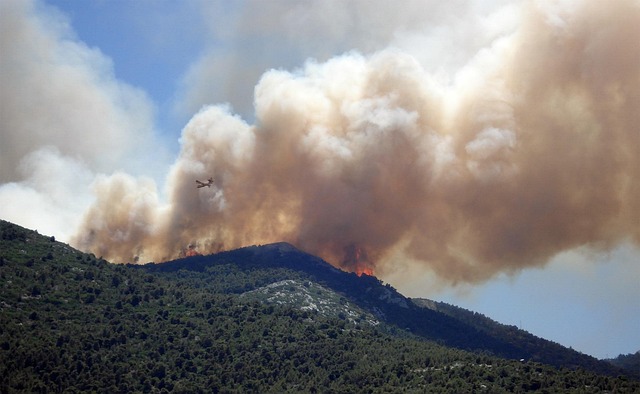 A picture of a mountain covered with vegetation that is on fire. There are huge smoke plumes coming from the fire.