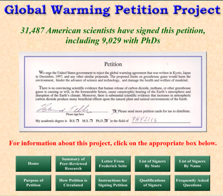 An image of the front page of the "Global Warming Petition Project" claiming 31,487 American scientists have signed this petition, including 9,029 with Ph.Ds. This is one of the best example of using fake experts.