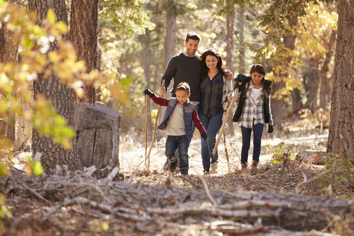 A family - mom, dad, and two children going to a hike in nature. There are leaves and branches on the ground.
